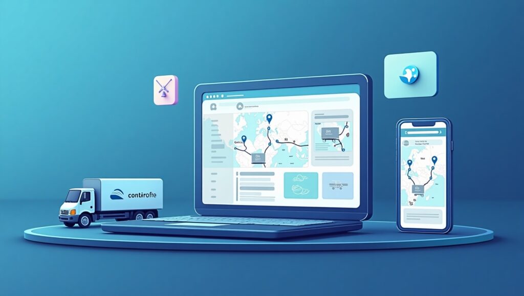 “A modern, clean user interface of a parcel tracking website on a laptop and smartphone screen, parcel icons, delivery trucks, map with tracking route, soft gradients in tech-blue tones, futuristic and professional look — 4K, minimal style, UX/UI web concept”